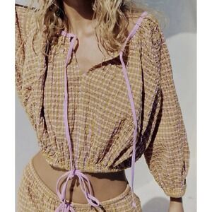 Free People Free-est Clara Textured Gingham Cropped Top Orange & Pink Combo XL